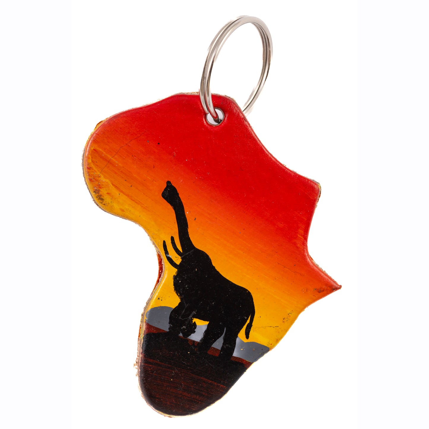Map of Africa Leather Keyring - Elephant at Sunset