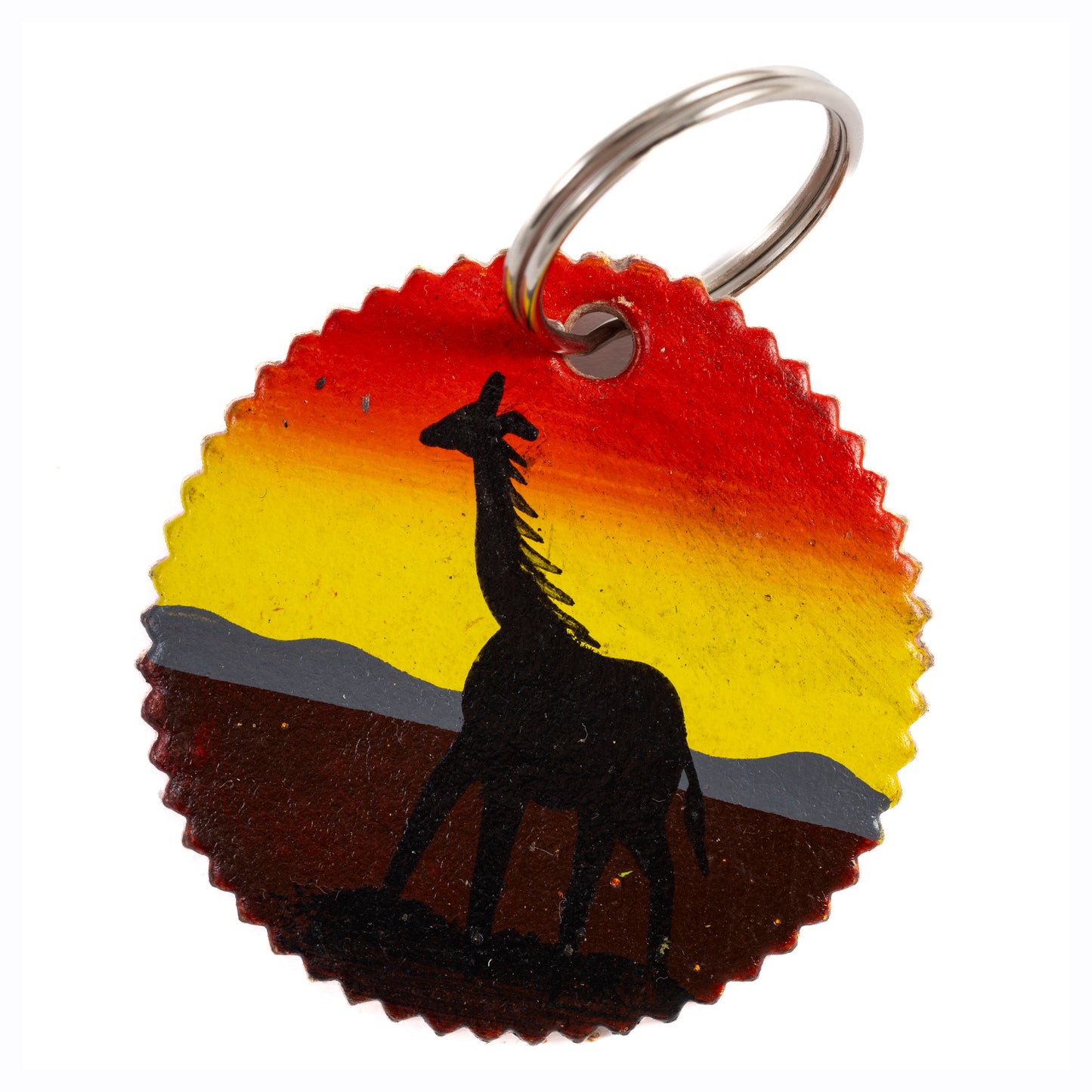 Round Leather Key Ring - African Giraffe at Sunset