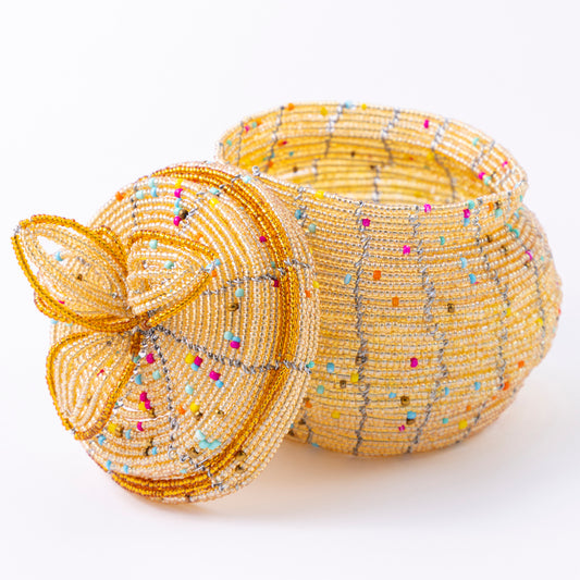 African Beaded Jewellery Box - Amber/Light Gold