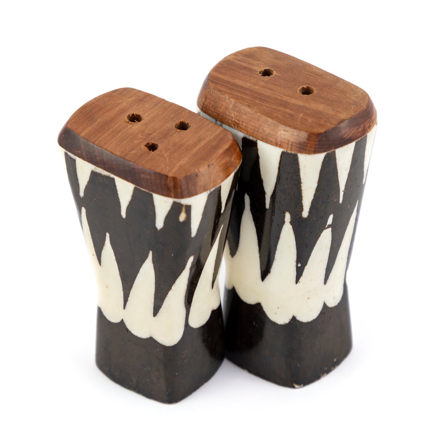 Batik Wood and Bone Salt and Pepper Shakers