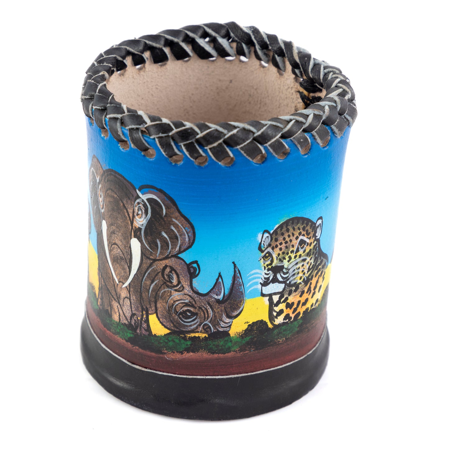 Painted Leather Pen Holder - Safari Animals