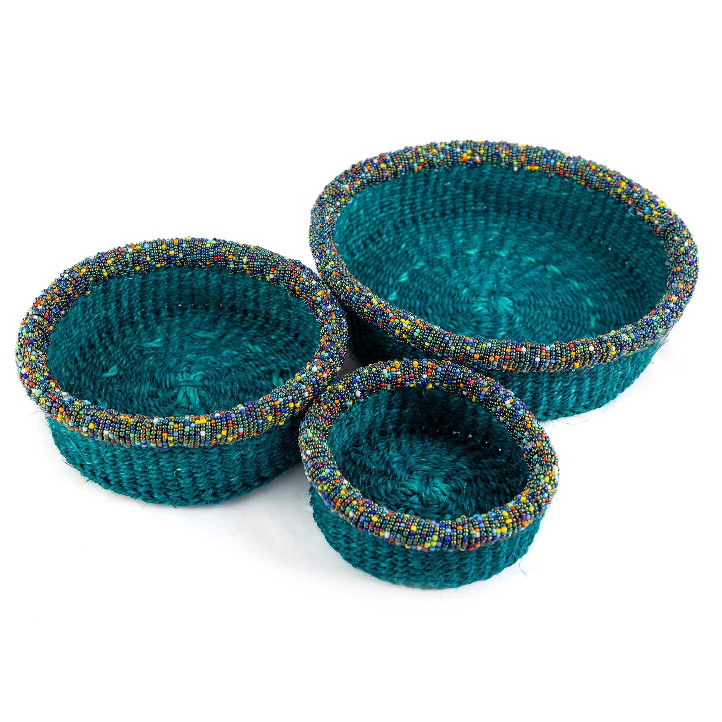 Teal Baskets with Bead Trim - Set of 3