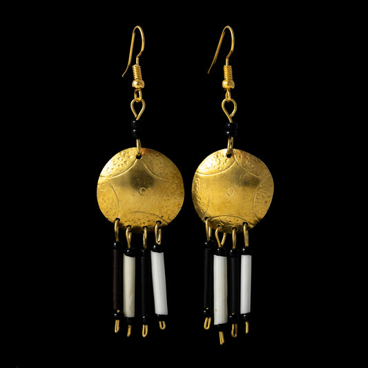 Brass Drop Earrings - Moon with Maasai Beads