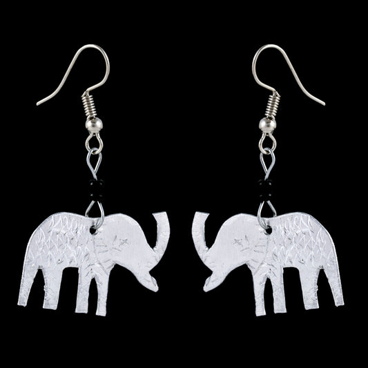 African Elephant Drop Earrings - Silver Tone