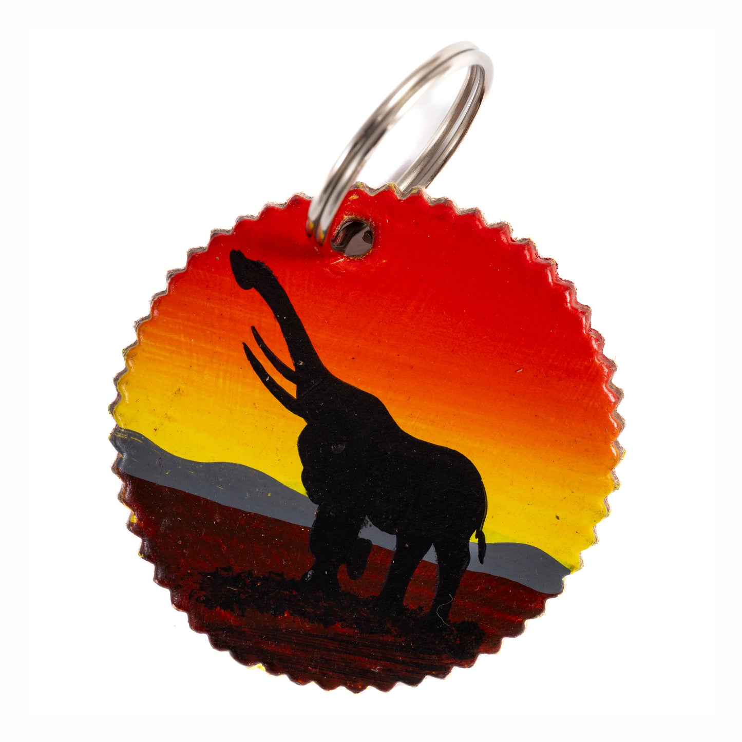 Round Leather Key Ring - African Elephant at Sunset