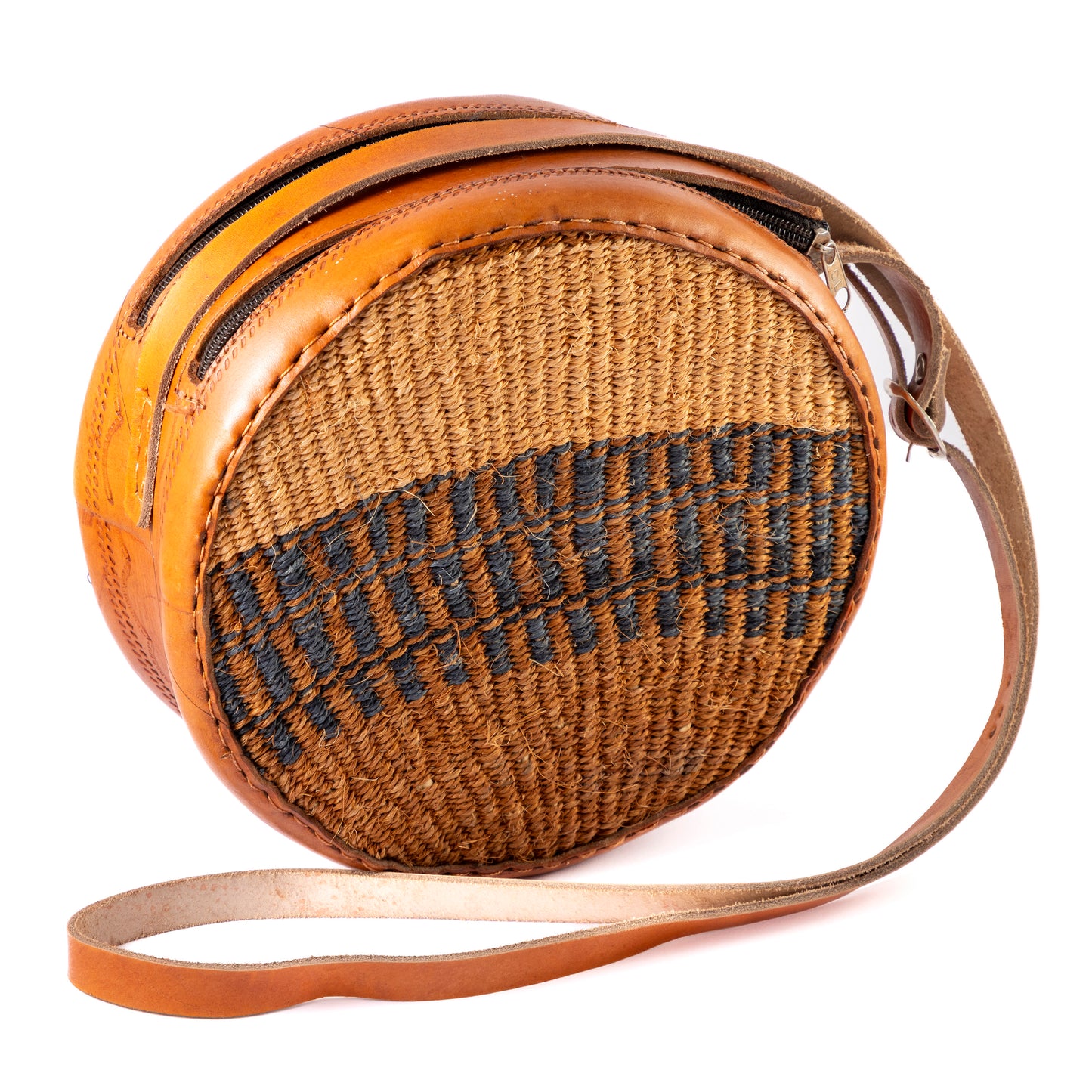 Round Leather & Woven Shoulder Bag