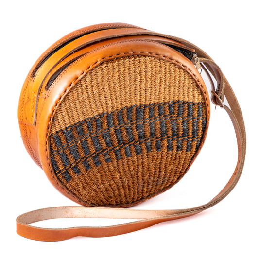 Round Leather & Woven Shoulder Bag