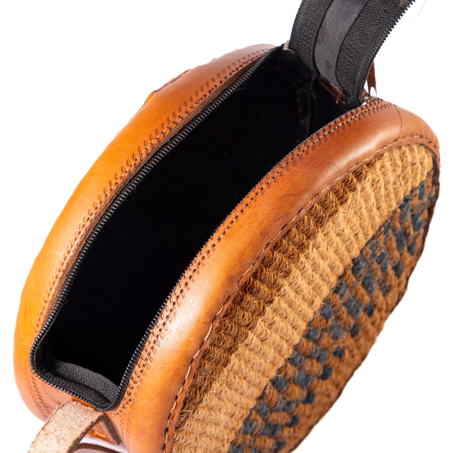 Round Leather & Woven Shoulder Bag