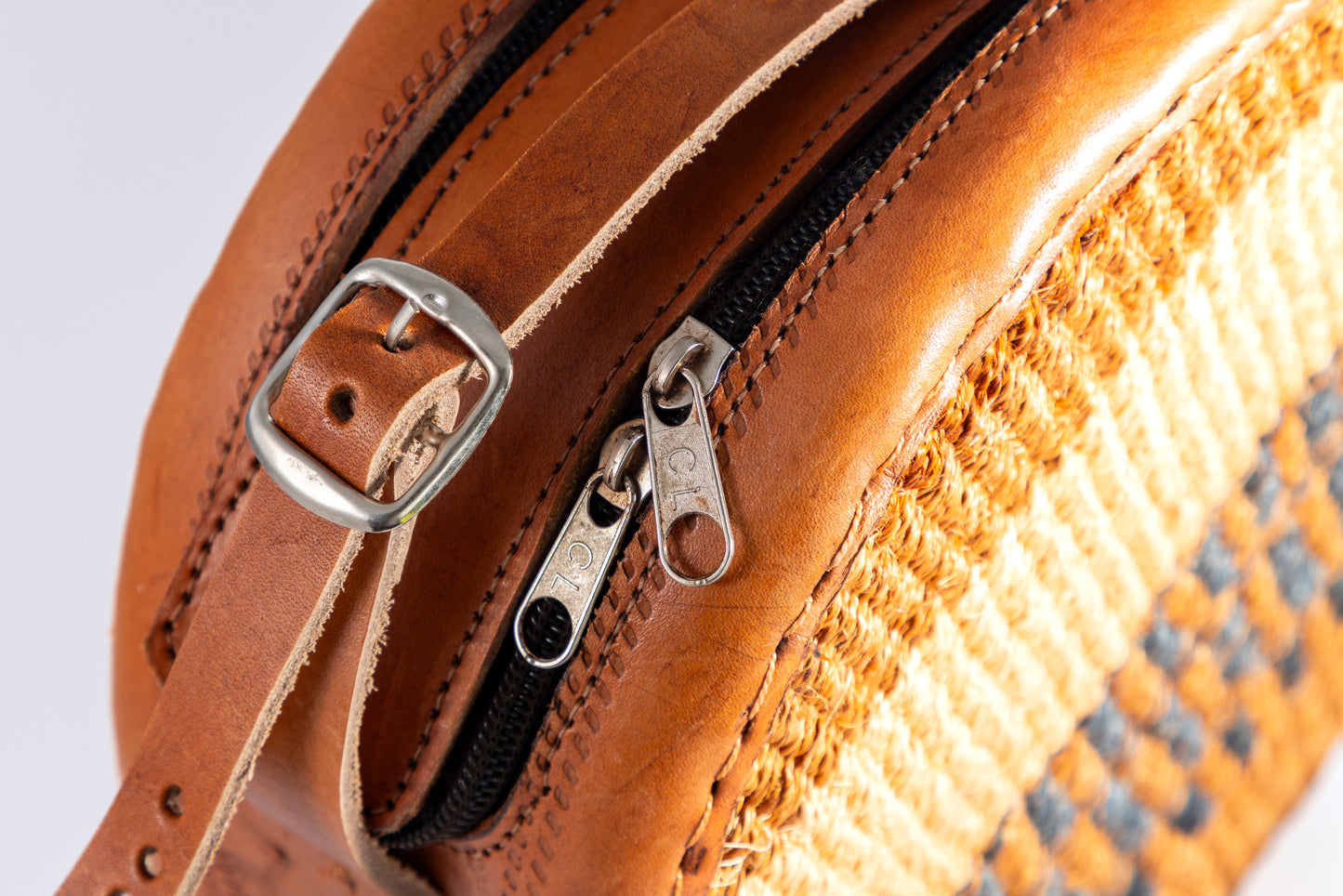 Round Leather & Woven Shoulder Bag
