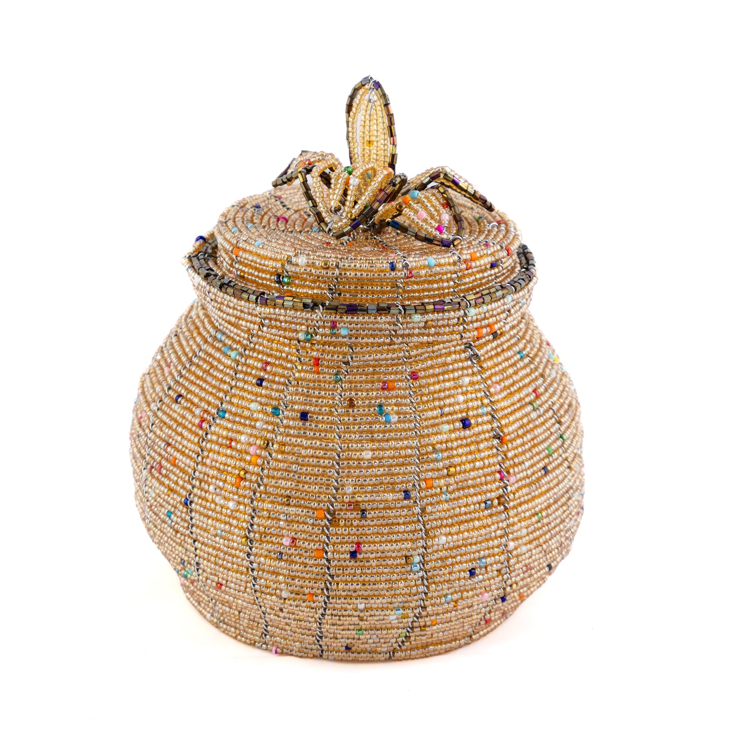 African Beaded Jewellery Box - Light Gold, Bronze Trim