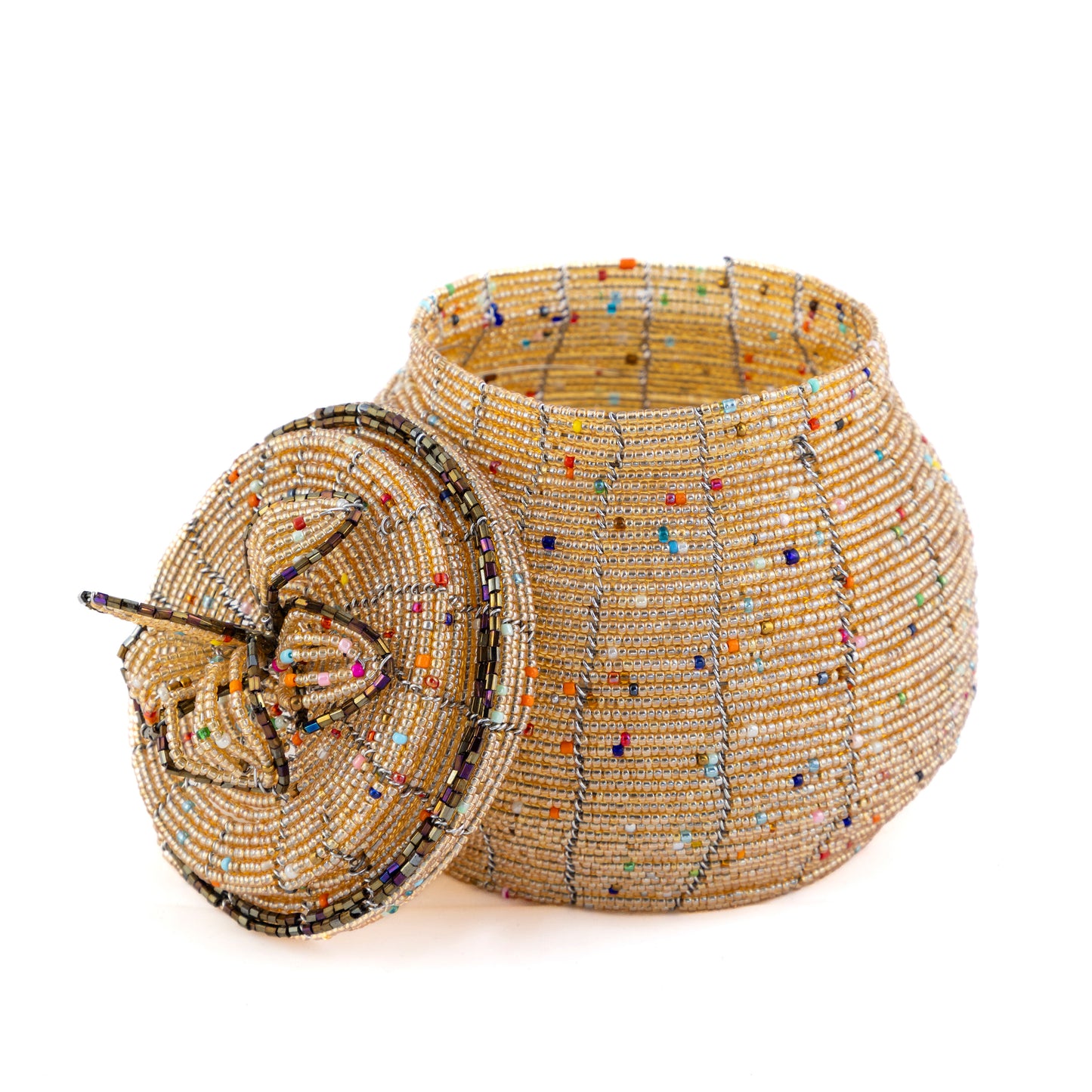 African Beaded Jewellery Box - Light Gold, Bronze Trim