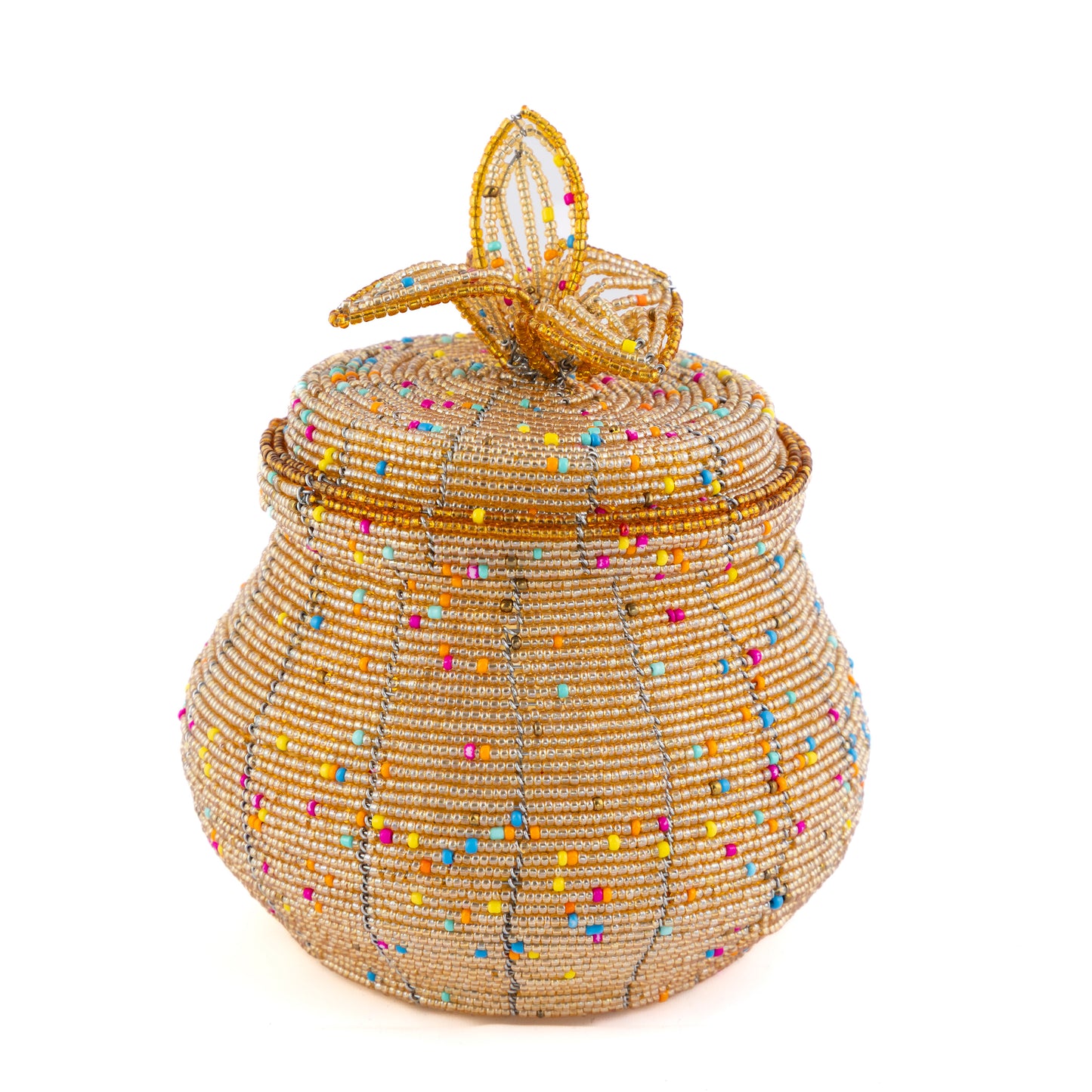 African Beaded Jewellery Box - Amber/Light Gold