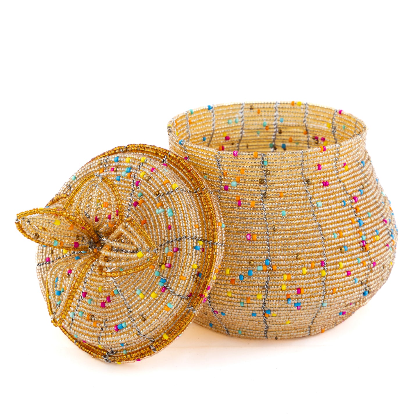 African Beaded Jewellery Box - Amber/Light Gold