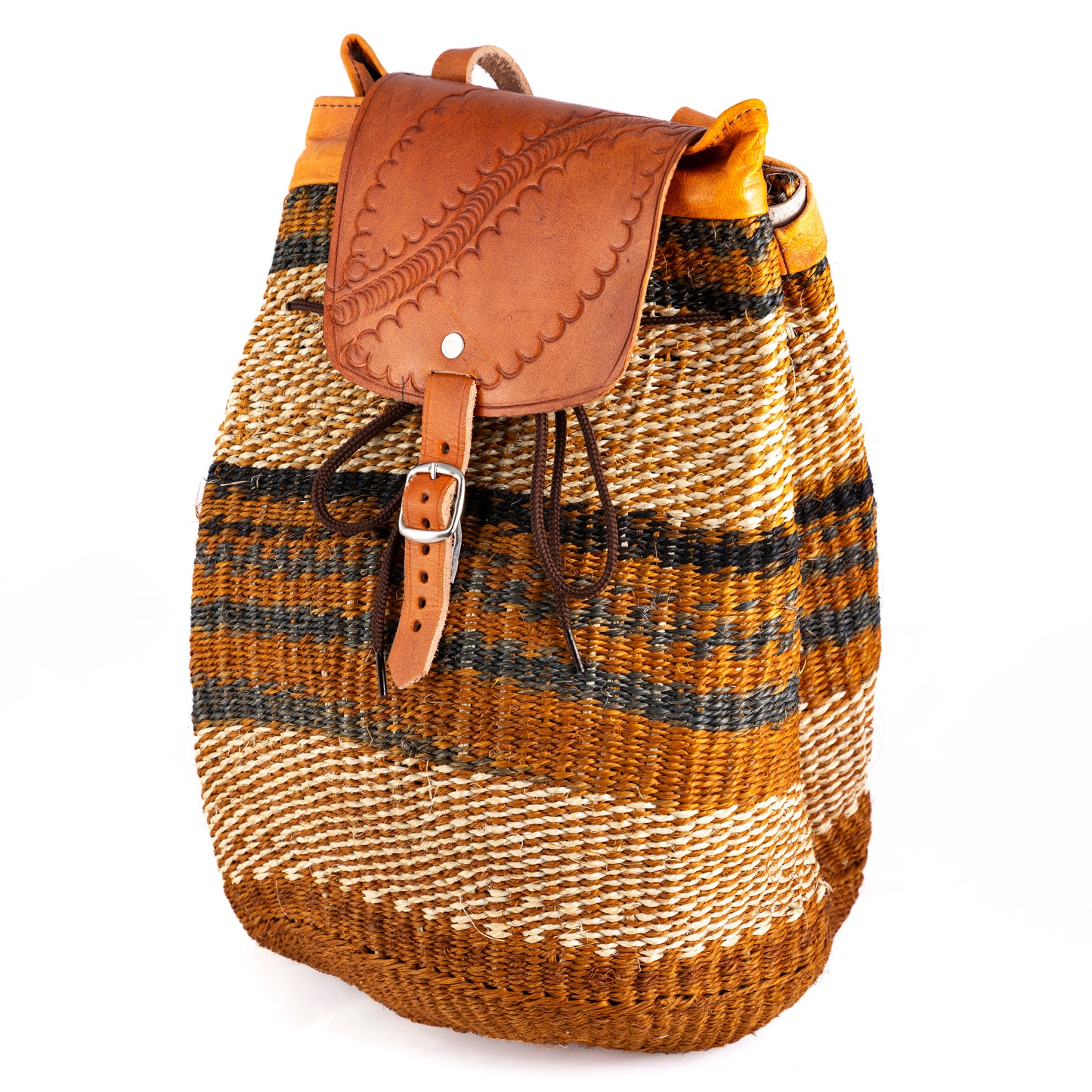 Orange & Brown Sisal Cotton & Leather Rucksack