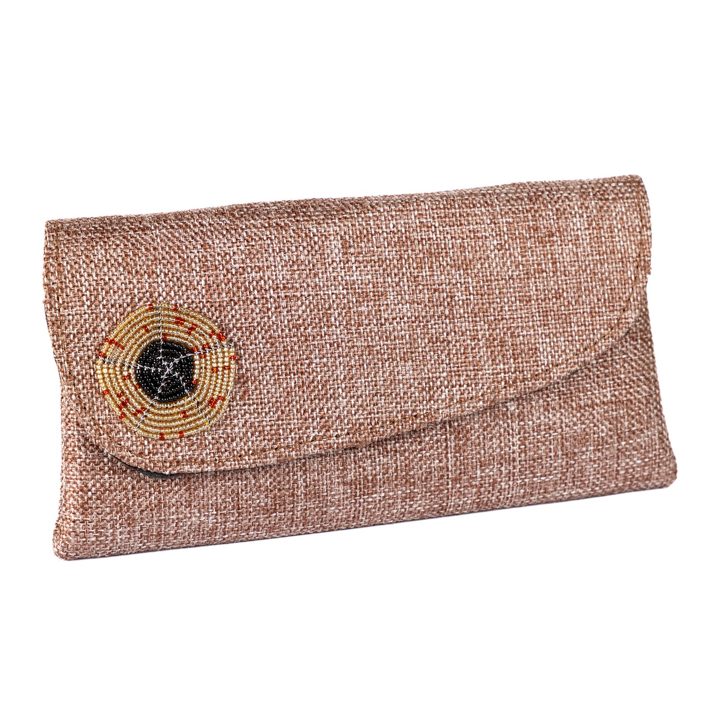 Beaded Canvas Clutch Bag/Purse - Mid-Brown