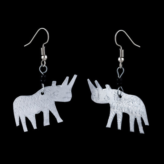 African Rhino Drop Earrings - Silver Tone