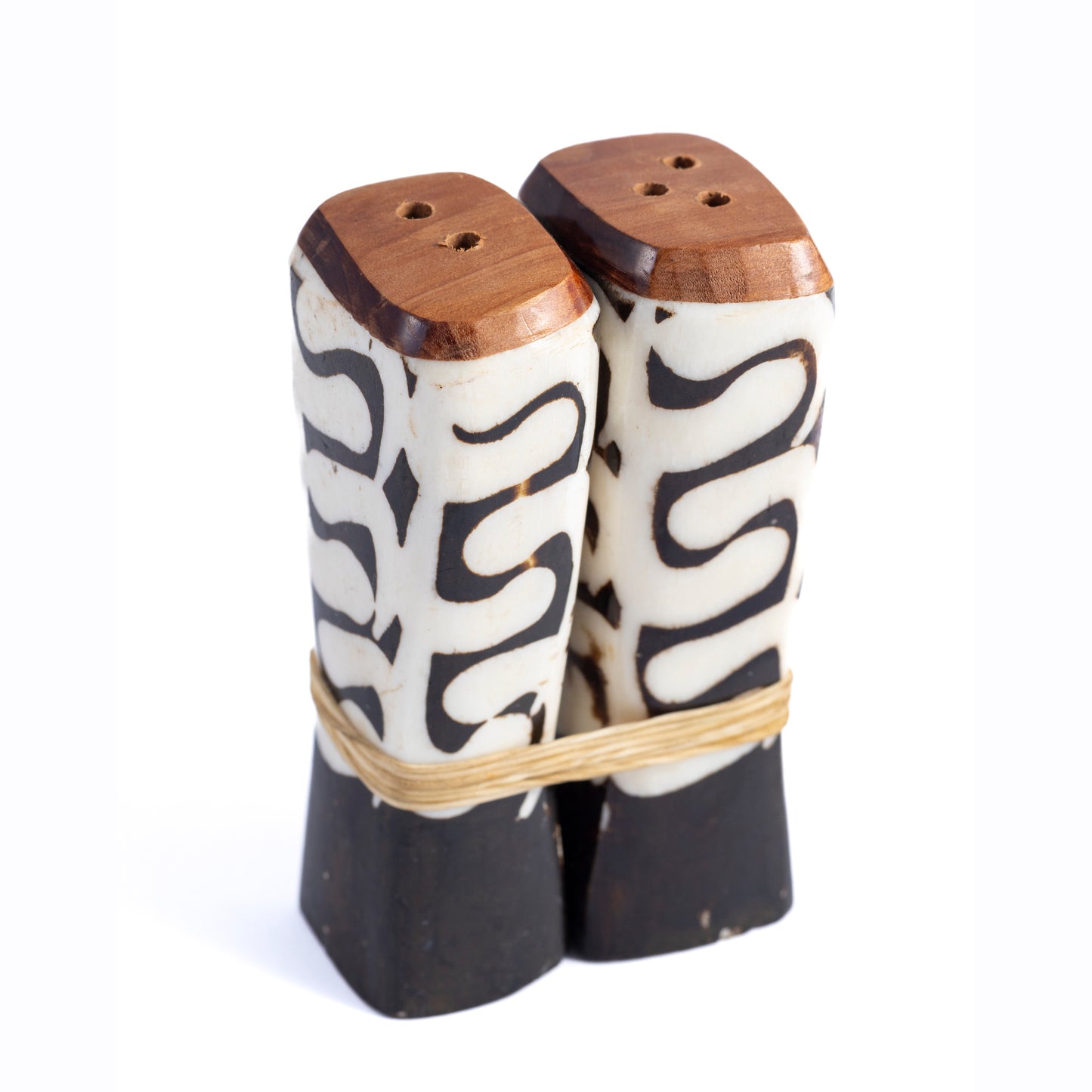 Batik Wood and Bone Salt and Pepper Shakers