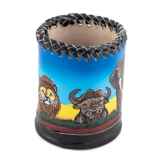Painted Leather Pen Holder - Safari Animals