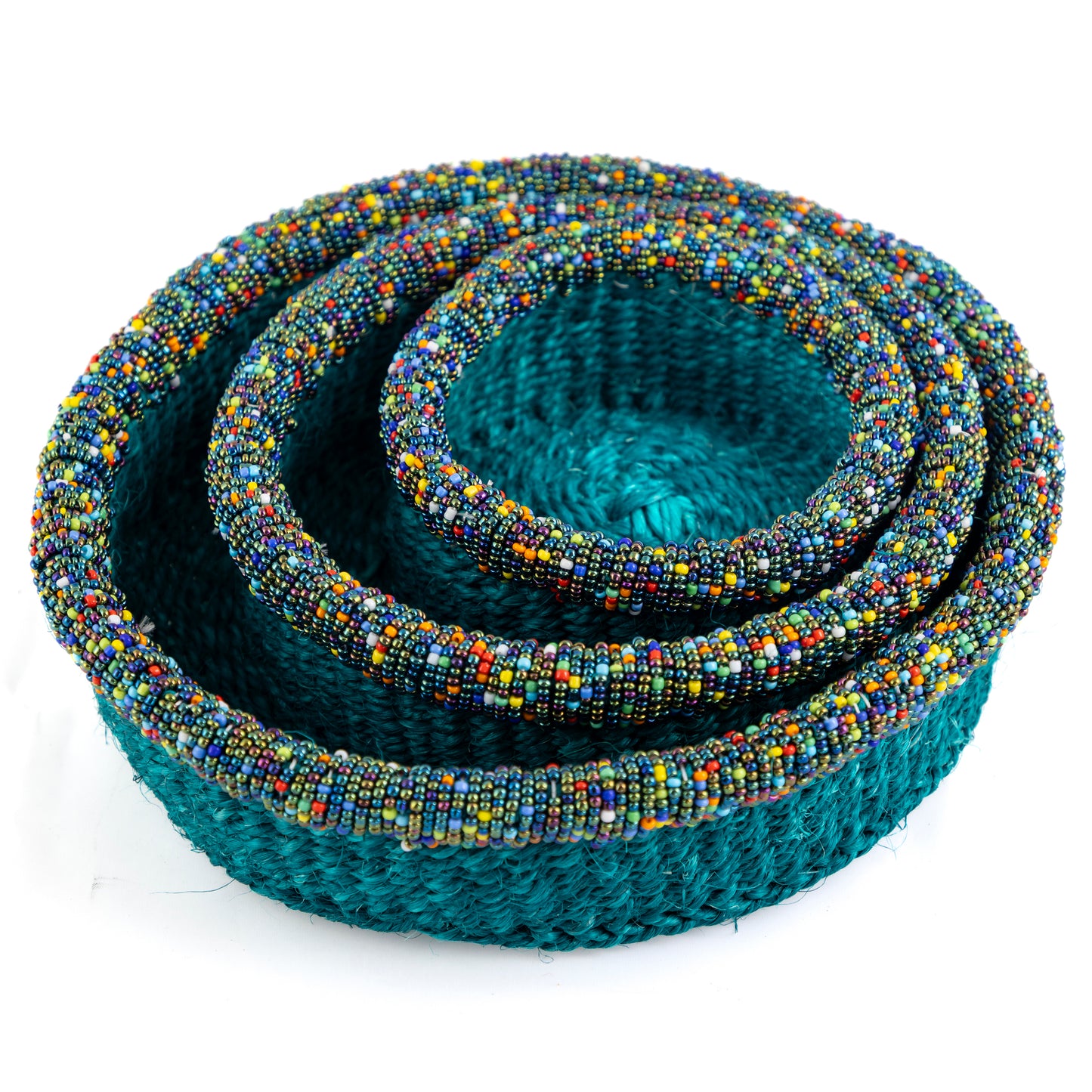 Teal Baskets with Bead Trim - Set of 3