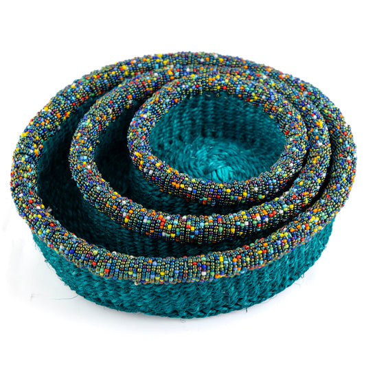 Teal Baskets with Bead Trim - Set of 3