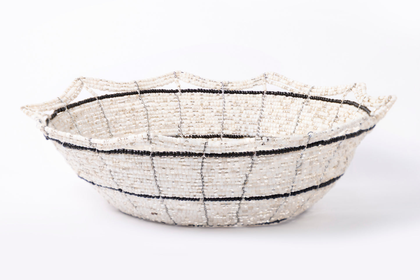 African Beaded Basket - White/Silver