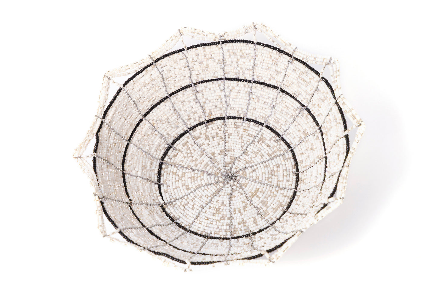 African Beaded Basket - White/Silver